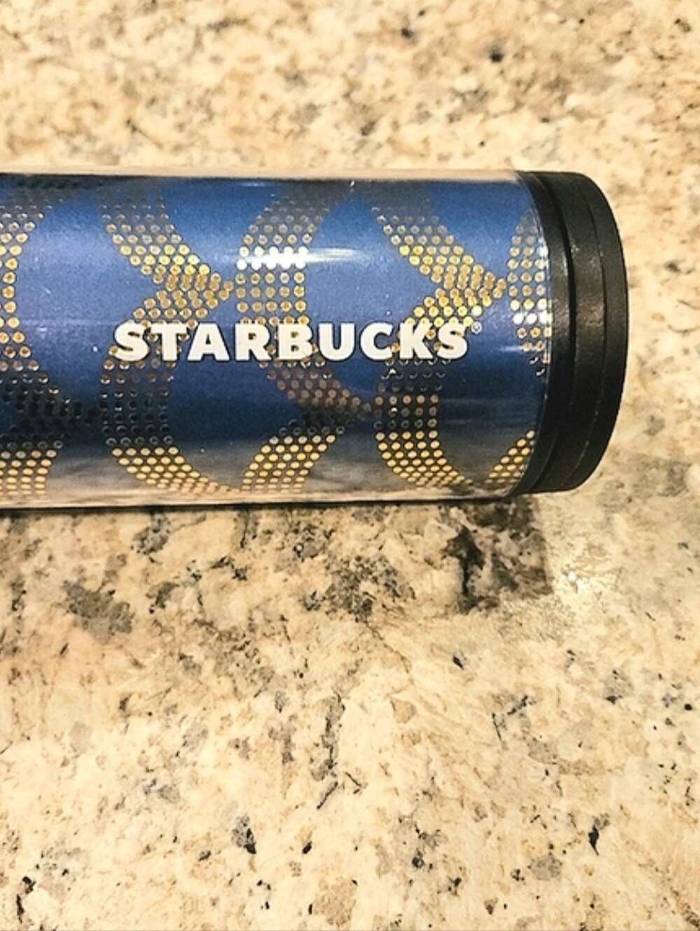 Starbucks Navy Blue Gold Skinny Narrow Tumbler Hot & Cold Drink Coffee Cup